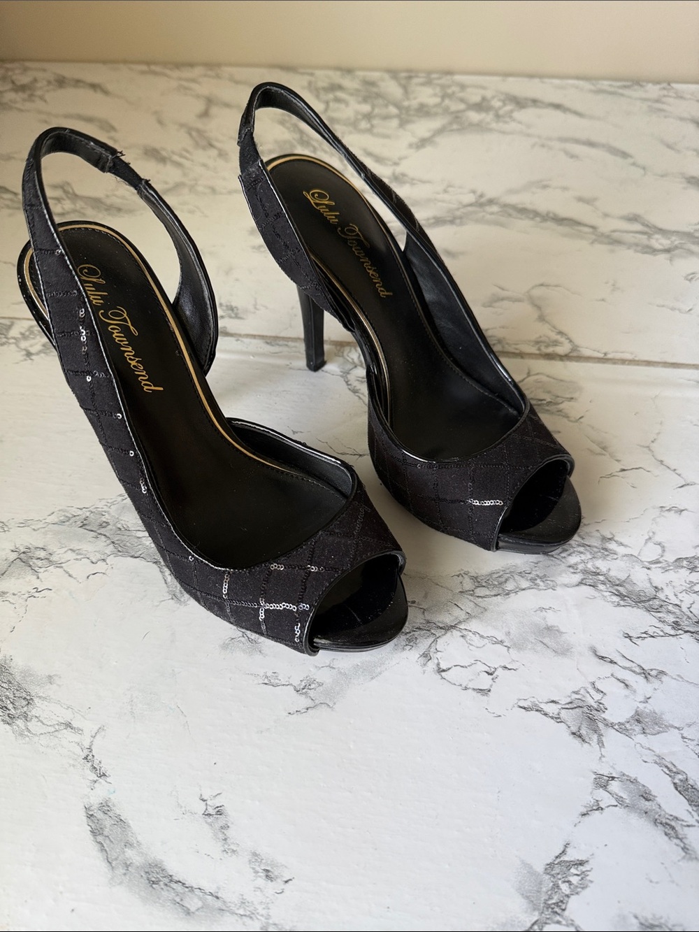 Lulu Townsend Black Peep-Toe Slingback Heels with Subtle Sequin Detail